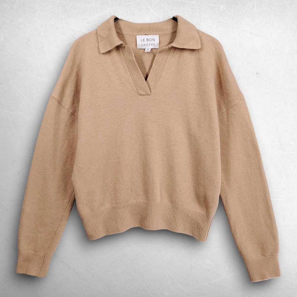 Le Bon Shoppe Nanette Polo Sweater Women M Camel Quiet Luxury Minimalist Preppy